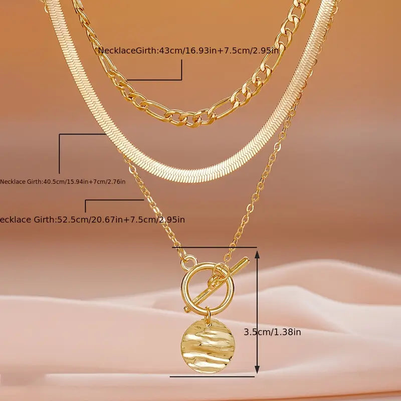 Textured Coin Layered Necklace in Gold Tone