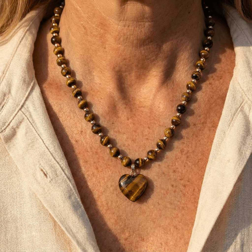 Tiger's Eye Beaded Heart Pendant Necklace