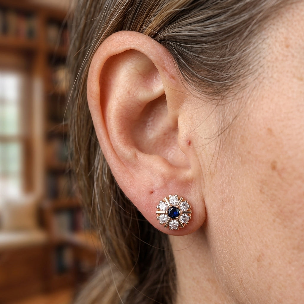 Blue Crystal and White Zircon Flower Hoop Earrings