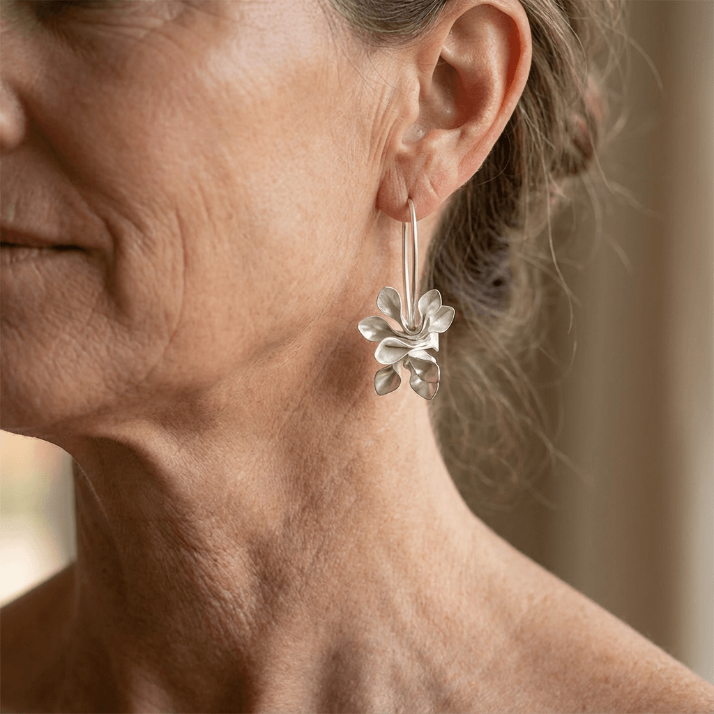 Silver-Tone Floral Hoop Drop Earrings