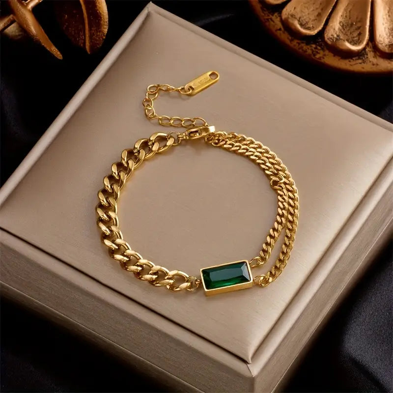 Gold-Tone Double Chain Bracelet with Green Baguette Stone
