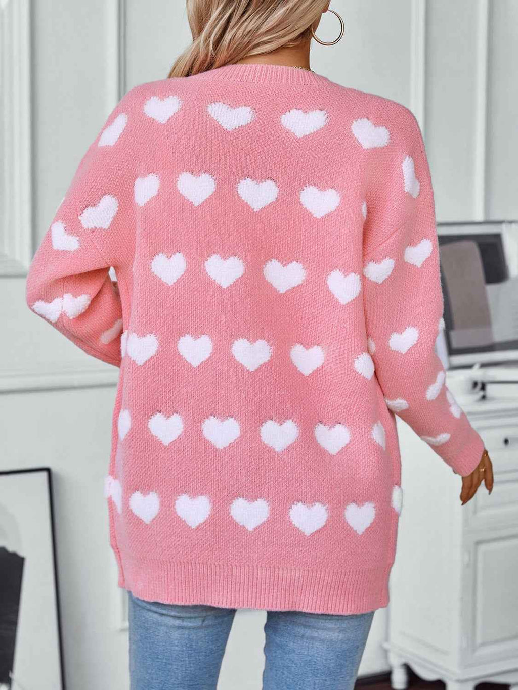 Heart Print V-Neck Cardigan with Button Front and Long Sleeves