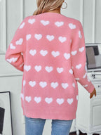 Heart Print V-Neck Cardigan with Button Front and Long Sleeves