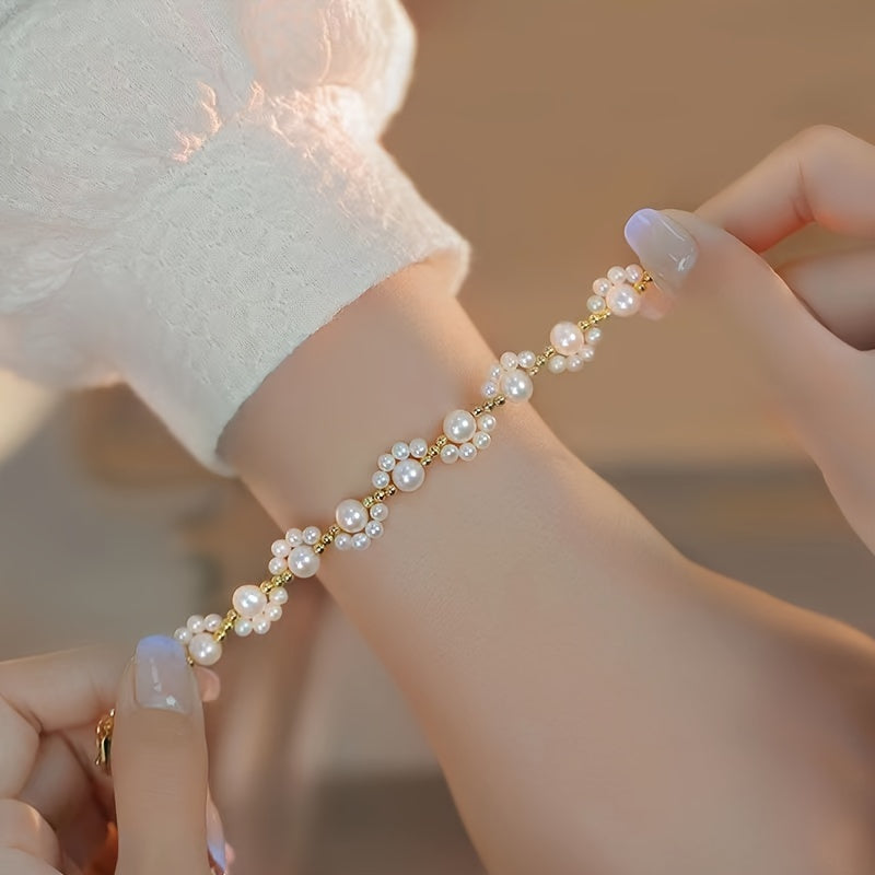 Adjustable Gold-Plated Pearl Bead Bracelet with Cat Paw