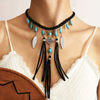 Bohemian Turquoise Bead Feather Tassel Necklace