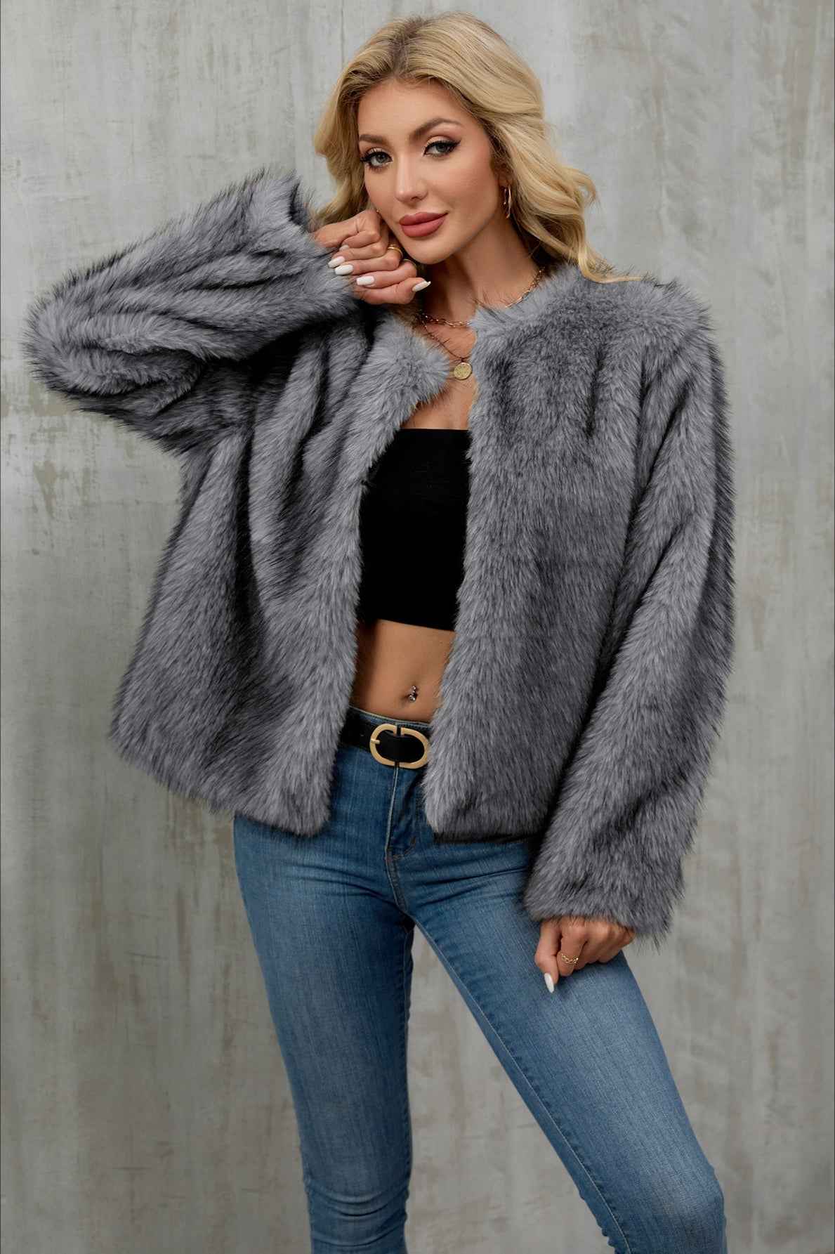 Cropped Plush Cardigan with Crew Neck and Long Sleeves