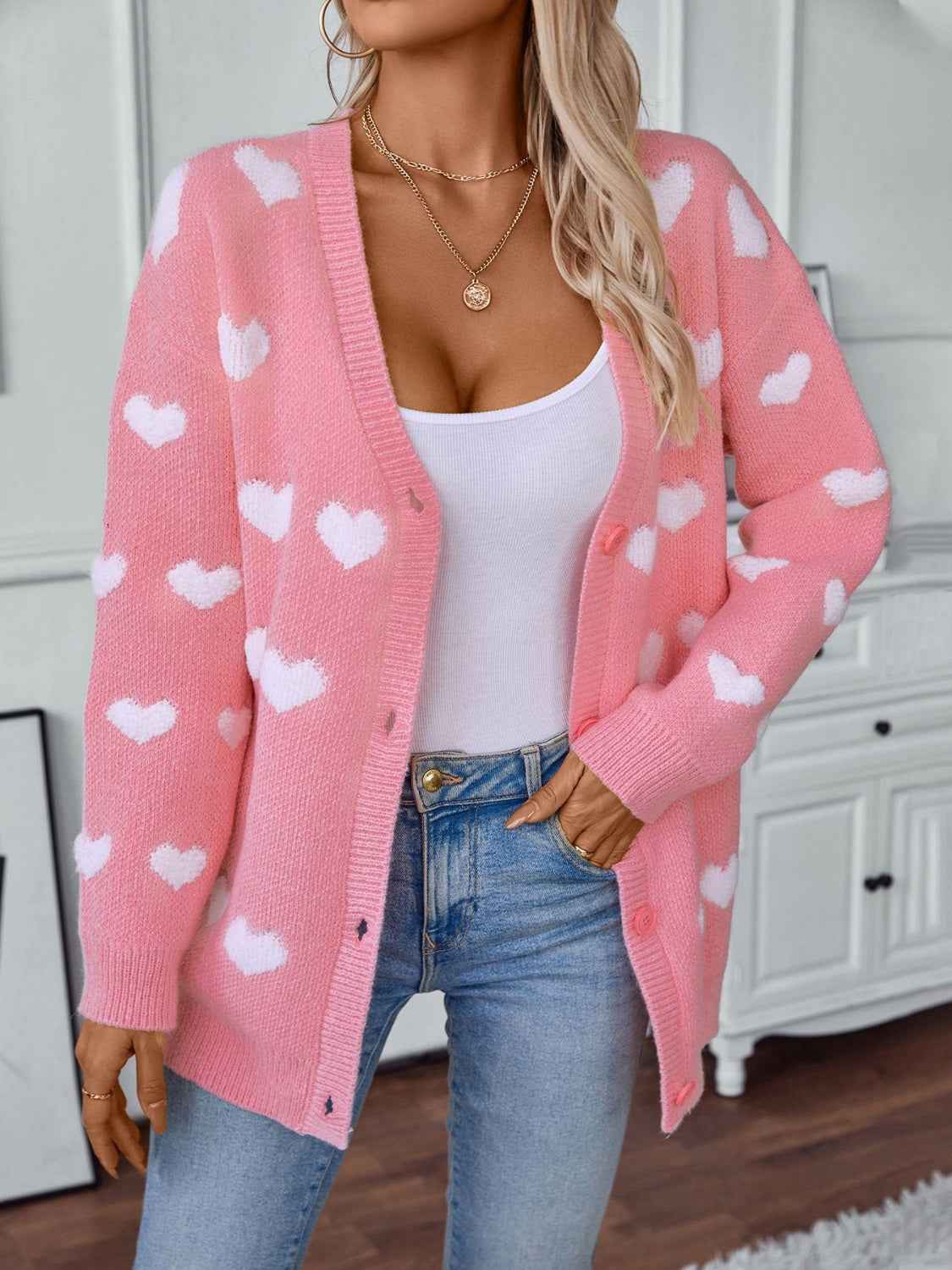 Heart Print V-Neck Cardigan with Button Front and Long Sleeves