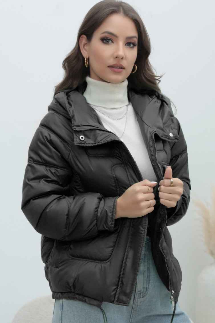 Quilted Hooded Jacket with High Collar and Drawstring Hem