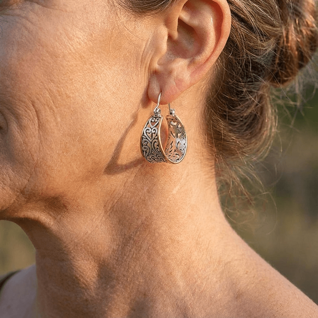 Vintage Two-Tone Hand-Carved Bohemian Hoop Earrings
