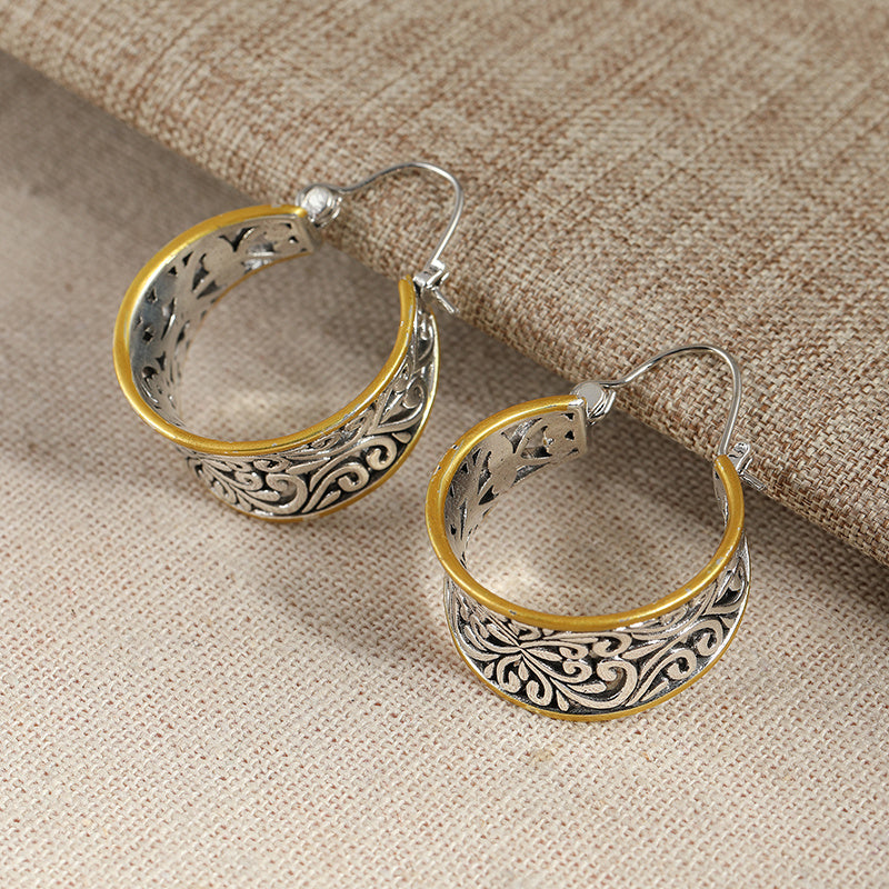 Vintage Two-Tone Hand-Carved Bohemian Hoop Earrings