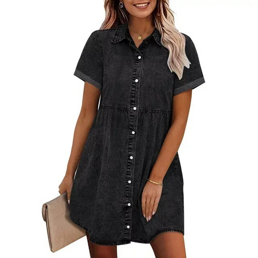 Ruffled Denim Shirt Dress – Lapel Collar, Flared Skirt