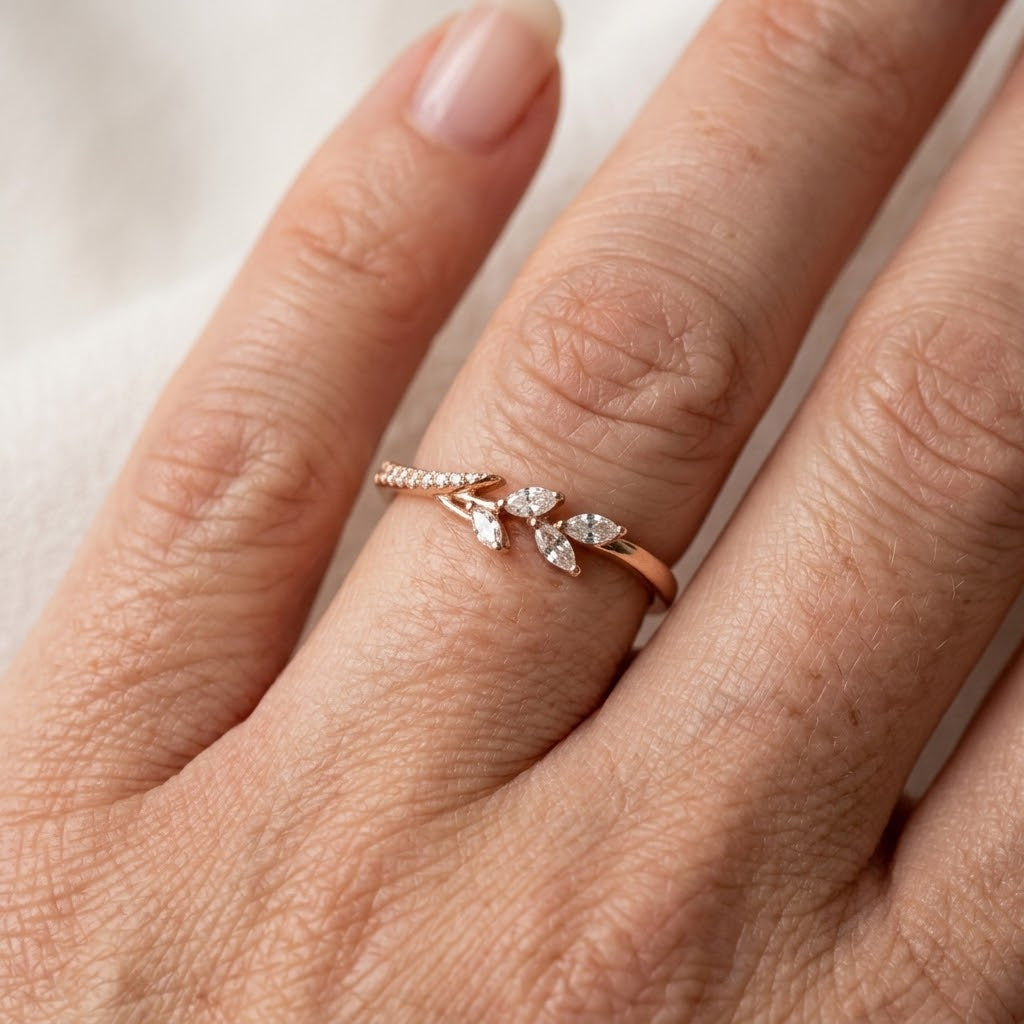 Delicate Leaf Cubic Zirconia Gold-Tone Wedding Ring