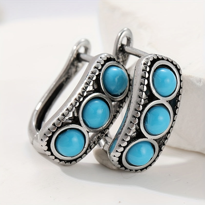 Brincos de Argola Grossos Vintage com Turquesa Banhados a Prata
