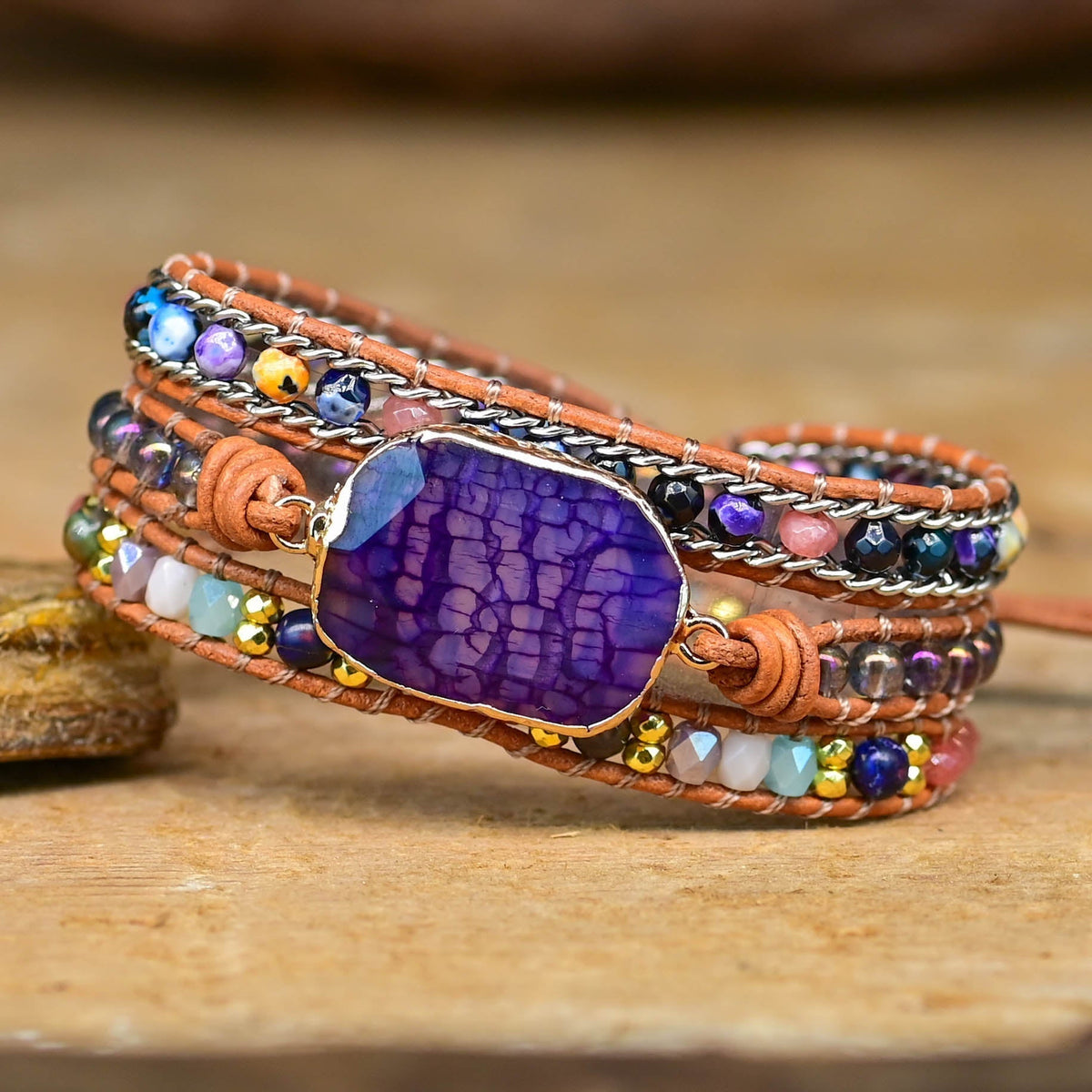 Amethyst Multi-Strand Wrap Bracelet with Oval Stone