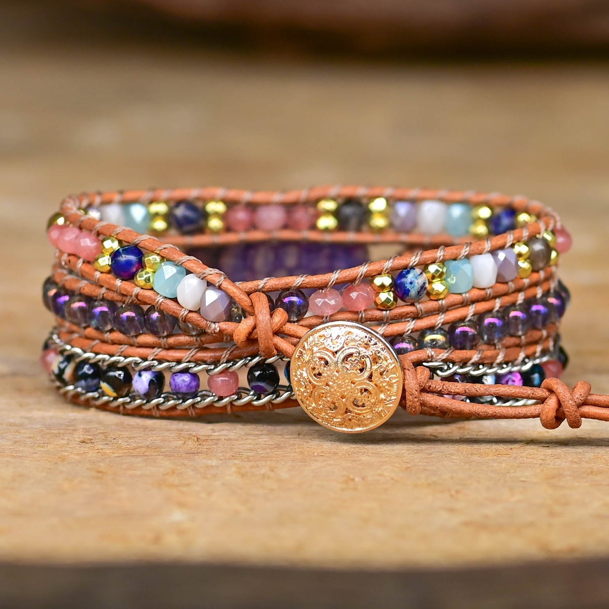 Amethyst Multi-Strand Wrap Bracelet with Oval Stone