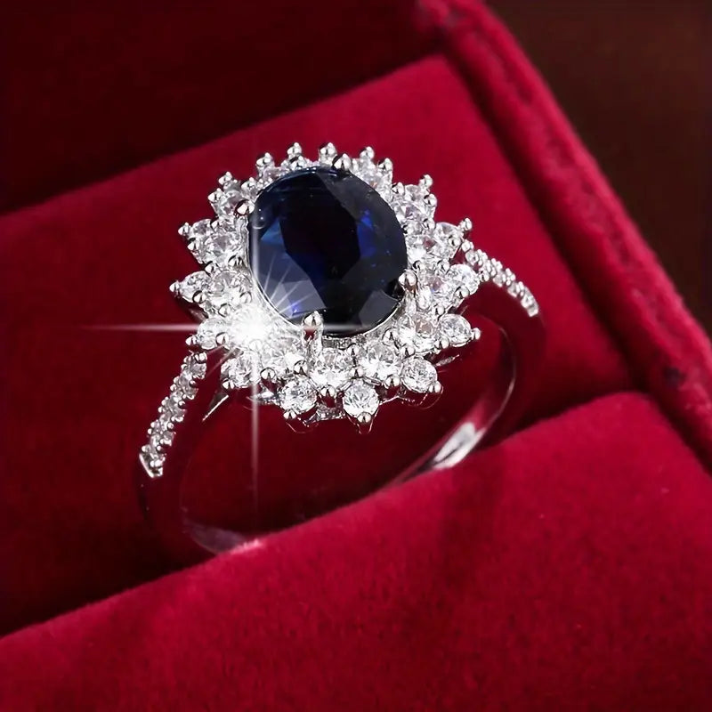 Sapphire-Look Gold-Tone Ring with Crystal Halo