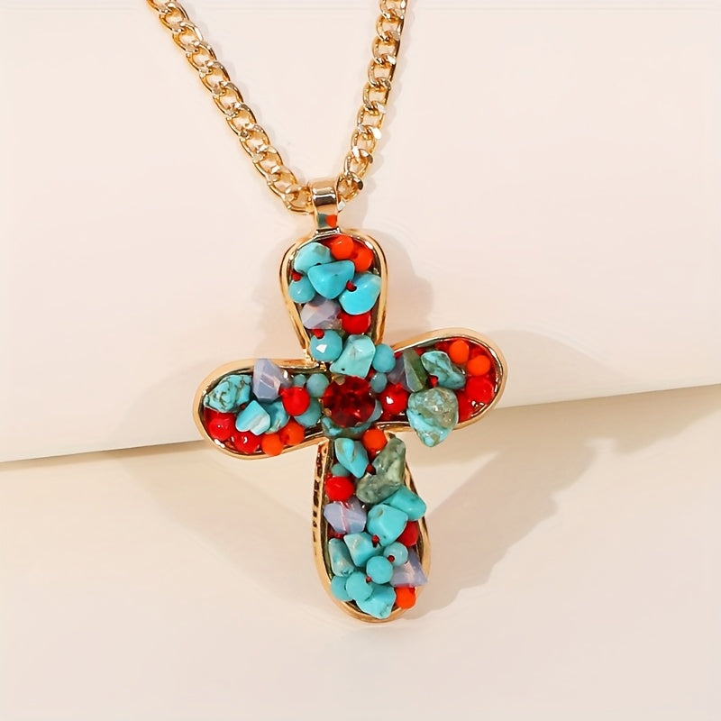 Bohemian Colourful Turquoise Cross Pendant Necklace