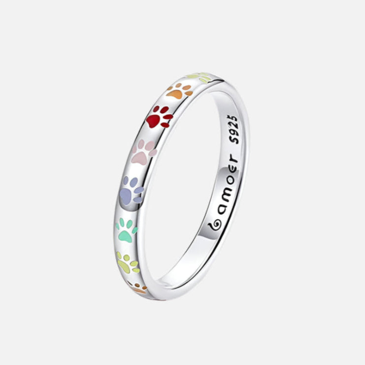 Enamel Paw Print Band Ring with Engraved Message