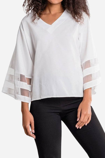 Celeste Women's V-Neck Bell Sleeve Blouse with Mesh Panel