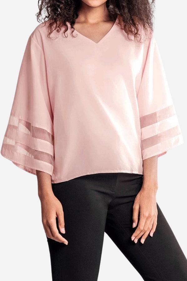 Celeste Women's V-Neck Bell Sleeve Blouse with Mesh Panel