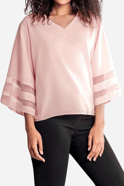Celeste Women's V-Neck Bell Sleeve Blouse with Mesh Panel