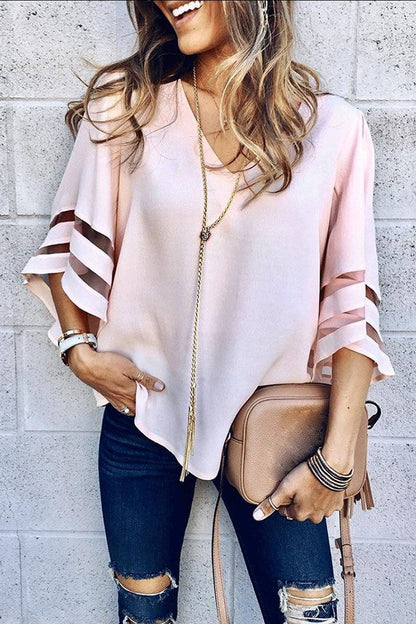 Celeste Women's V-Neck Bell Sleeve Blouse with Mesh Panel