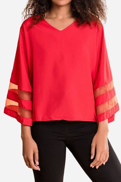 Celeste Women's V-Neck Bell Sleeve Blouse with Mesh Panel