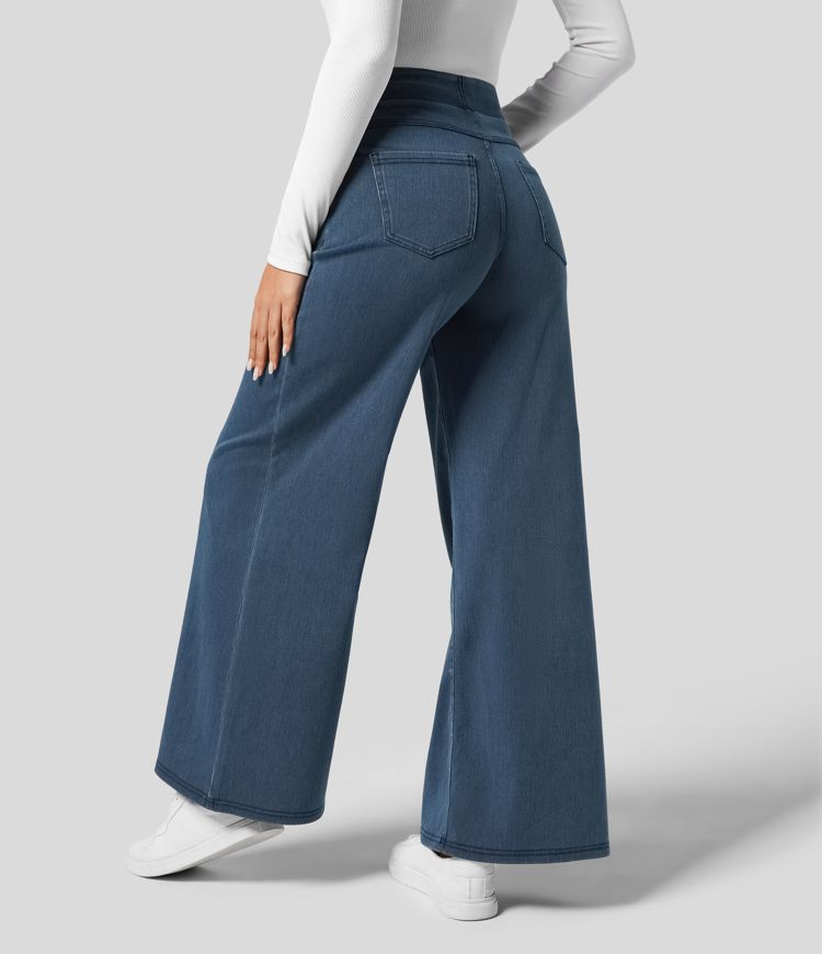 Pull-On Wide-Leg Jeans in Denim-Look Fabric