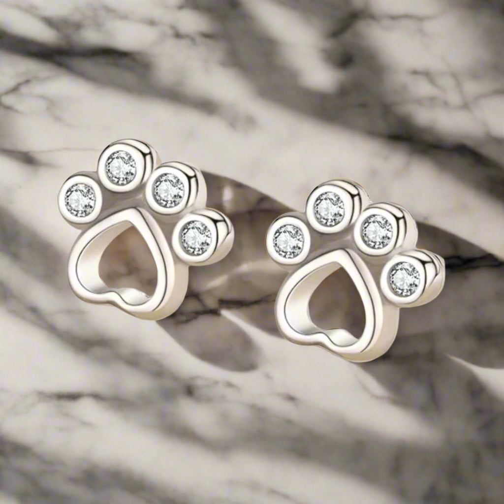 Sterling Silver Paw Stud Earrings with Zirconia