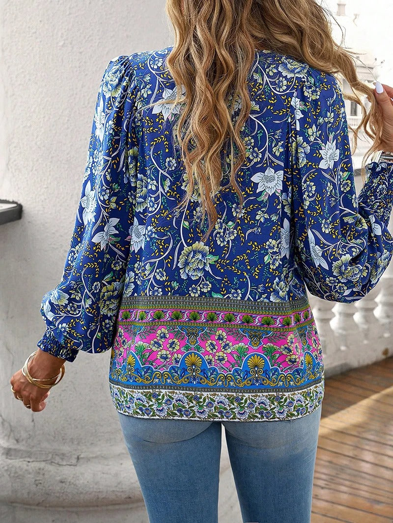 Floral Cotton Blouse with V-Neck Tie Detail