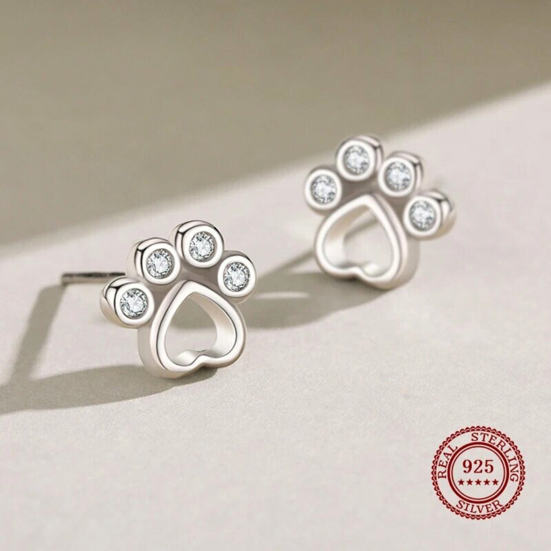 Sterling Silver Paw Stud Earrings with Zirconia