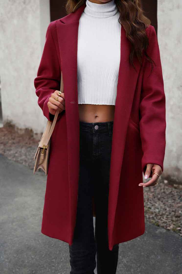 Solid Colour Longline Coat with Notched Collar and Buttons