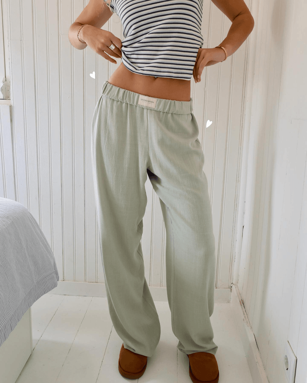 Corduroy Straight Leg Trousers with Elastic Waist