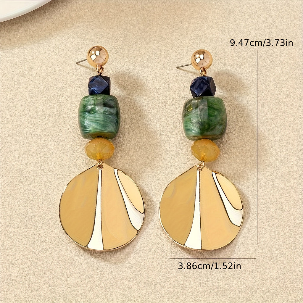 Shell Disc and Green Stone Statement Drop Earrings