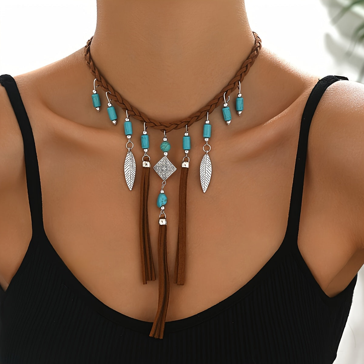Bohemian Turquoise Bead Feather Tassel Necklace