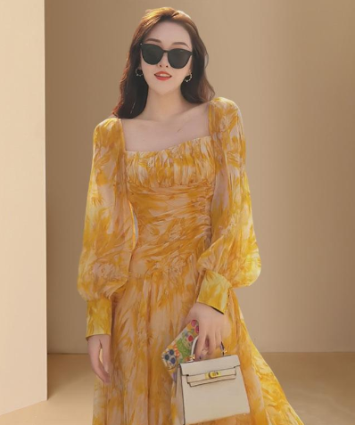 Yellow Square Collar Puff Sleeve Dress