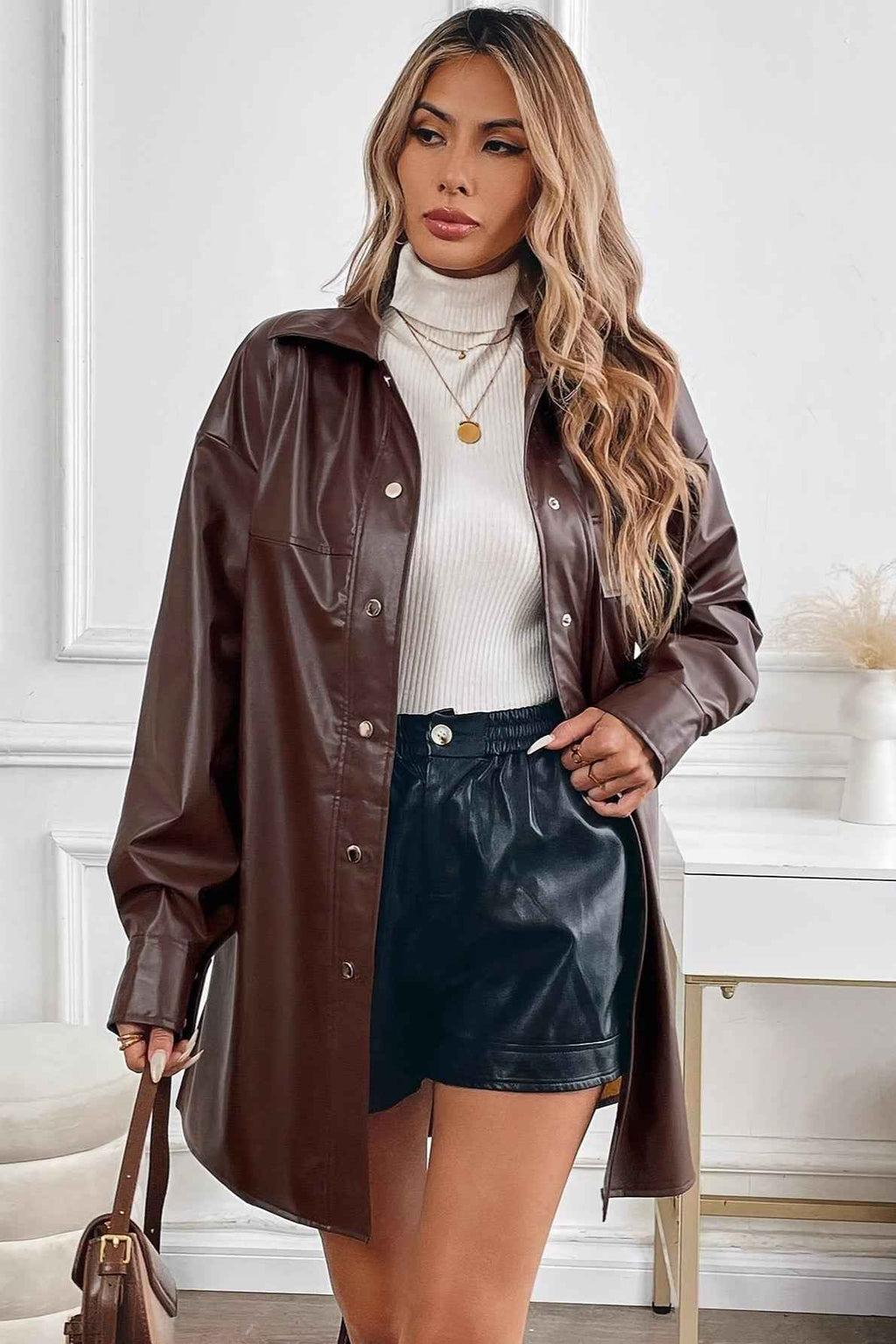 Mid Length Faux Leather Coat with Notched Collar and Belt