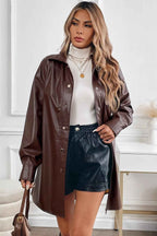 Mid Length Faux Leather Coat with Notched Collar and Belt