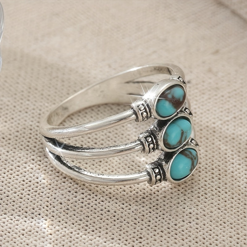 Vintage-Style Boho Triple Turquoise Silver-Tone Ring
