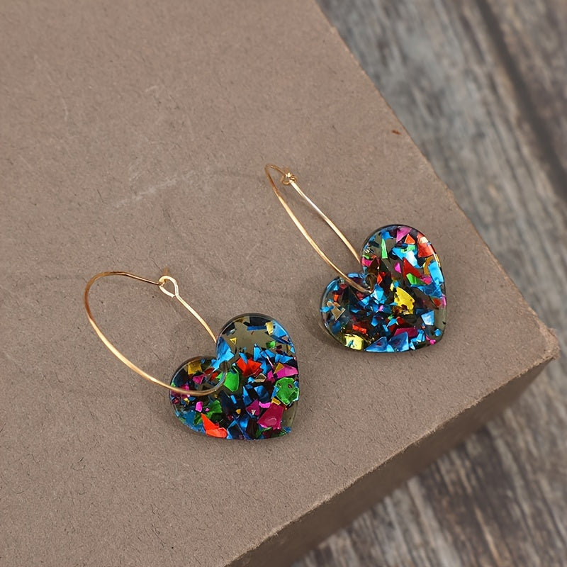Vintage Resin Glitter Heart Pendant Earrings