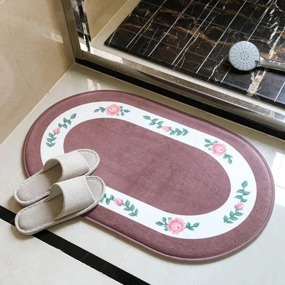 Pastoral Floral Polyester Bathroom Mat – Absorbent, Non-Slip, Oval, 40x60cm