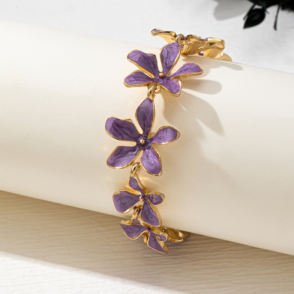 Vintage-Style Purple Enamel Flower Gold-Plated Bracelet