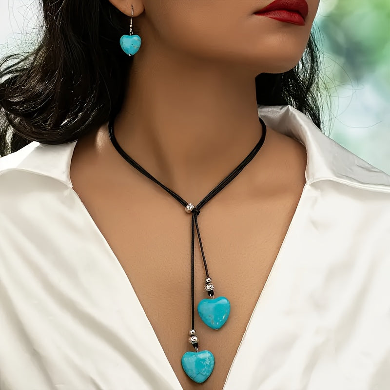 Vintage Bohemian Turquoise Heart Necklace and Earring Set