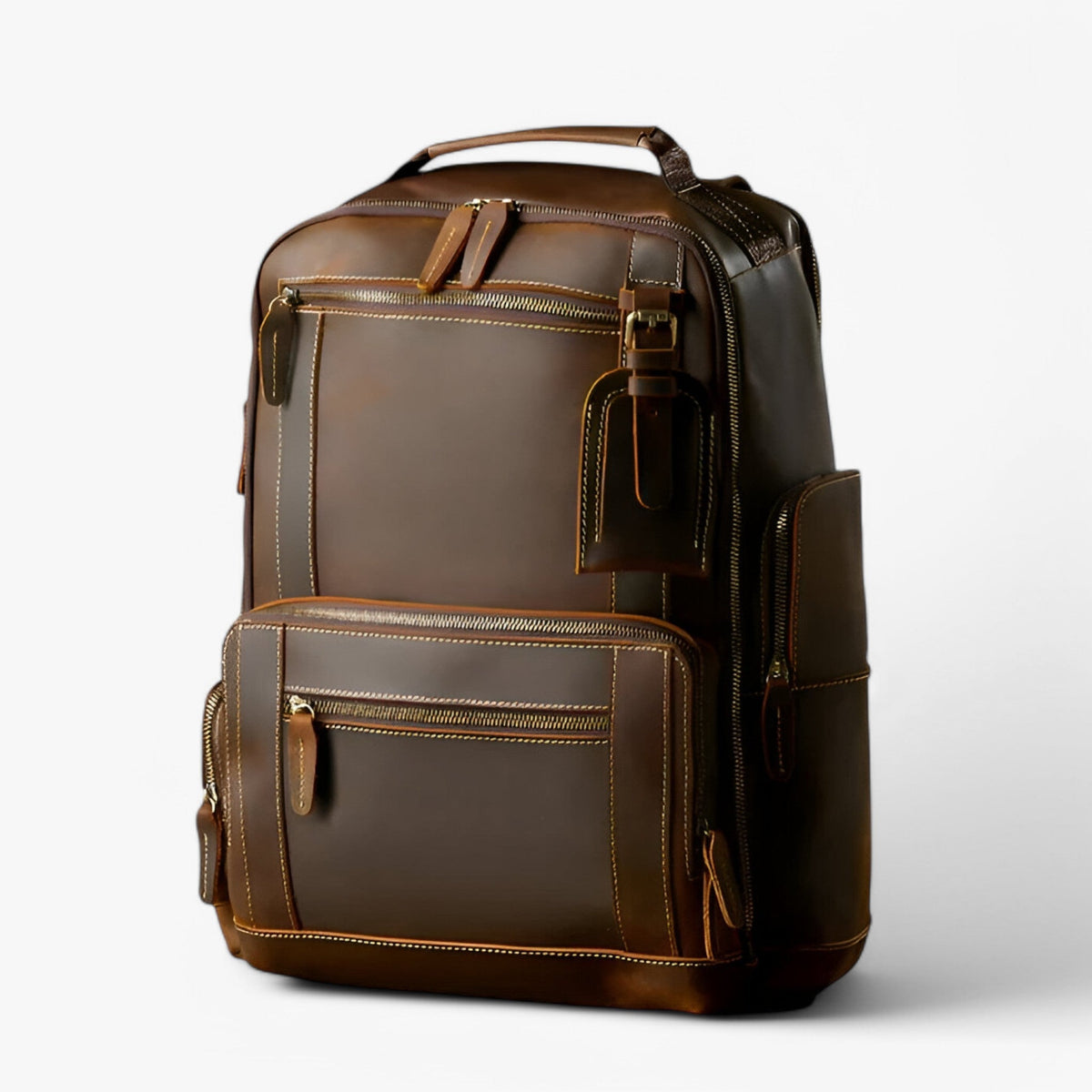 Retro-Style Brown Leather Backpack with Padded Laptop Sleeve