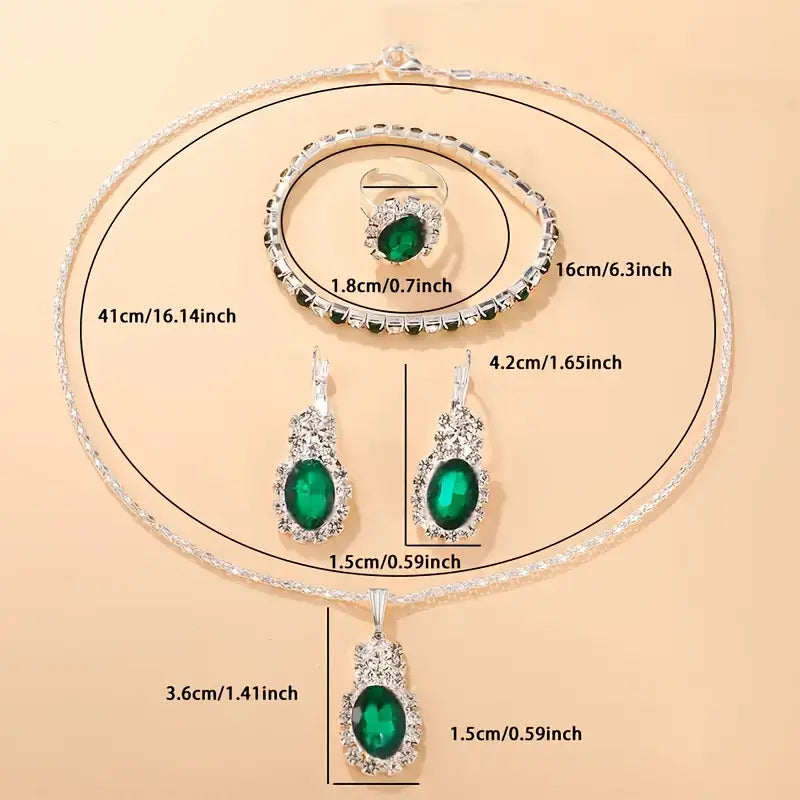 Green Stone Halo Necklace, Earrings and Ring Set in White Gold Tone
