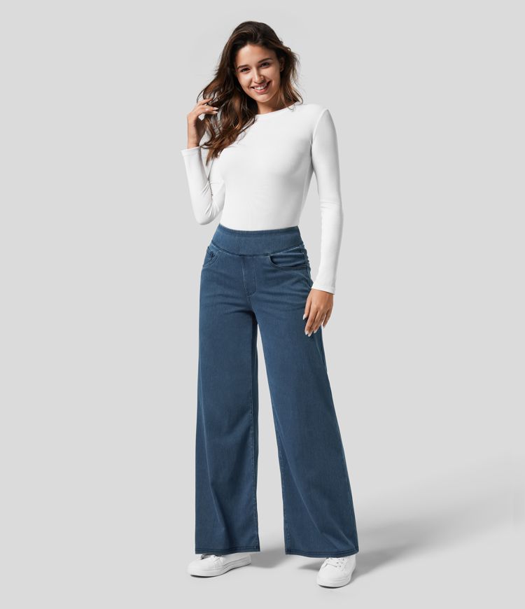 Pull-On Wide-Leg Jeans in Denim-Look Fabric