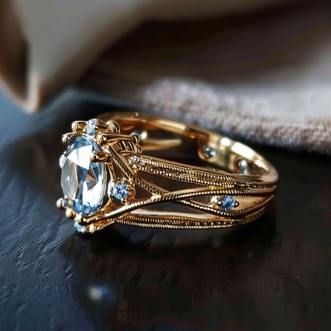 Inlaid Blue Glass Layered Gold-Tone Ring
