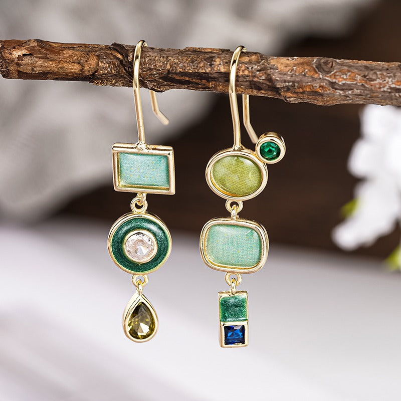 Vintage Geometric Green Stone Gold-Tone Drop Earrings