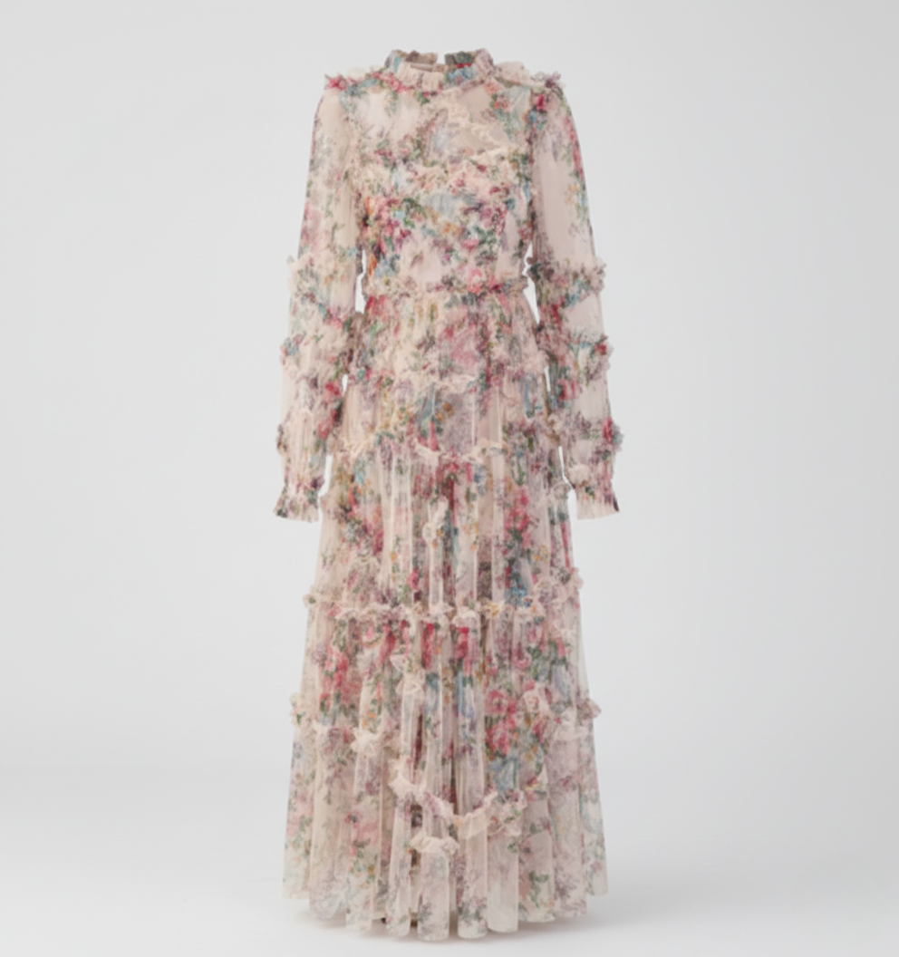 Floral Mock Neck Sheer Long Sleeve Maxi Dress