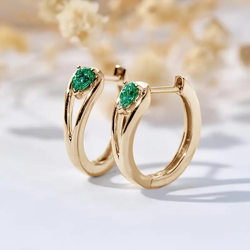 Gold-Tone Open Hoop Earrings with Green Stone